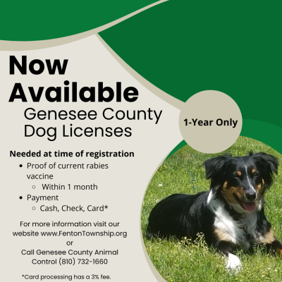 Picture of a black Tri-colored dog laying in grass. Text overlay states 2024 Genesee County Dog Licenses are now available.