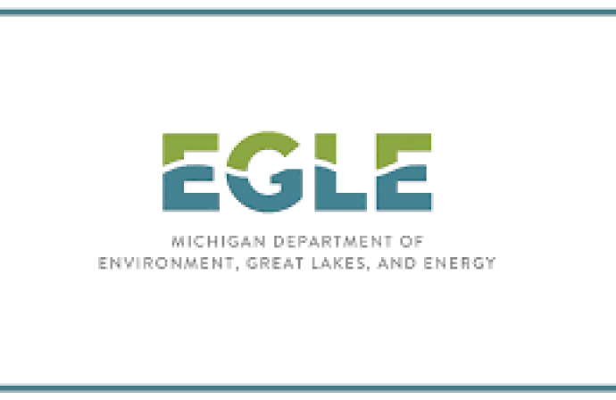 Graphic is the logo for the Michigan Department of Environment, Great Lakes, and Energy. EGLE.